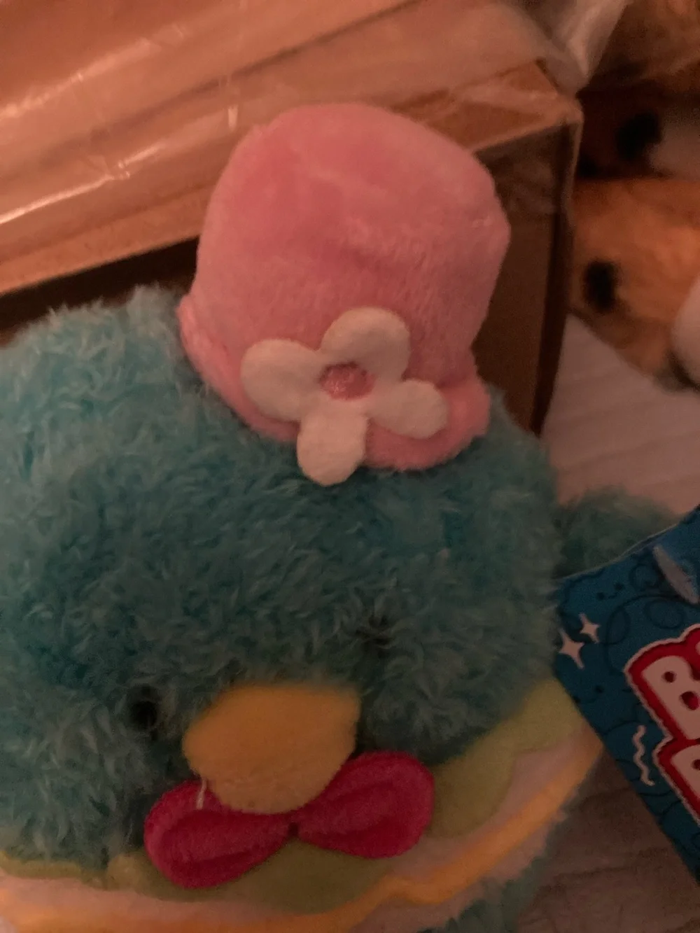 Blue Plush Chick with Pink Hat and Red Bow by